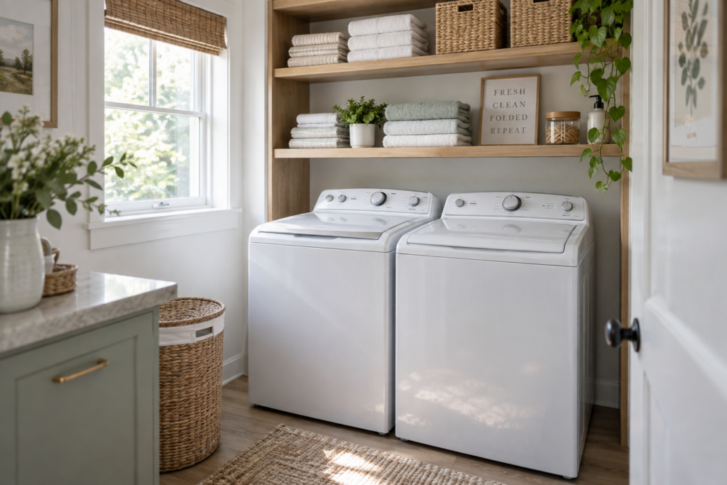 Small laundry room with two white top-loading washing machines, wood shelving, and natural light from a window
