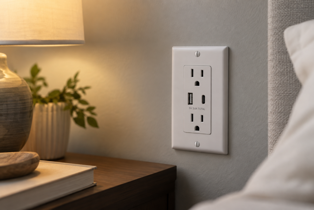 White wall outlet with built-in USB-A and USB-C charging ports on a bedroom nightstand wall